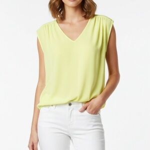 Worthington Top Lime Green Blouson V-Neck Sleeveless  XS Lunch Brunch Work